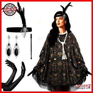 1920s Flapper Costume Accessories Set Fringed Poncho Shawl Gloves